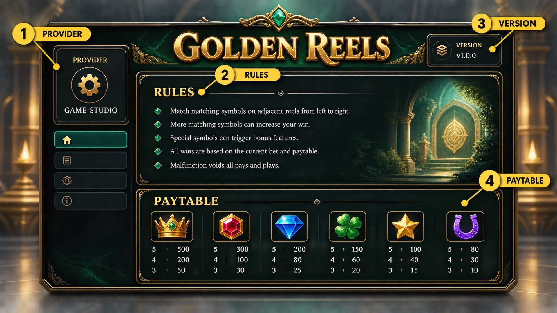 ภาพตัวอย่างหน้าข้อมูลเกม-พร้อมตำแหน่งชื่อค่าย-กติกา-เวอร์ชัน และตารางรางวัล
